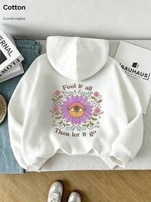 Oversized Women's Sweatshirt For Autumn And Winter, Long-Sleeve Hoodie With Pockets, Casual Top, Y2k Style, Daily Letter Slogan Graphic, White Unisex - White - View 5