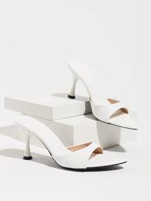 Women's Plaid Textured Pointed Toe Mule Shoes, Spring/Summer Night Club Party Evening Dinner Shopping Commute Sexy Thin High Heel Open Toe Sandals, Slip-On Easy Wear Versatile White Elegant Fashion High Heel Sandals - White - View 6