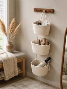 1pc 3-Tier Hanging Storage Basket, Minimalist Ins Style White Storage Basket, Wall-Mounted Sundries Storage Basket, Securely Hanging And Not Easily Detached, Suitable For Storing Various Small Items, Applicable For Entryway, Bathroom, Bedroom Storage - 3-tier Hanging Basket - View 5
