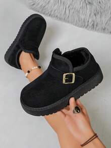 Women's Faux Suede Thick Sole Mule Closed Toe Slippers, Antique Gold Buckle Strap Slip-On Backless Round Toe Boot-Style Slides - Black - View 5