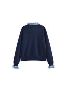 Women's 2 In 1 Knit Cardigan With Frill Trim, Korean Style Short Sweater Jacket Outerwear For Early Autumn - Navy Blue - View 3