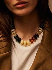 1pc Stainless Steel 18K Gold Clasp Personalized Color-Block Exaggerated Asymmetrical Acrylic Beaded Necklace - Brown - View 4