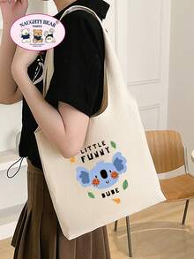 1pc Beige Many Animal Families English Print Women's Canvas Tote Bag Vest Shopping Bag - Beige - View 4