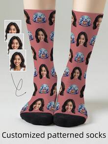 1 Par de Meias com Padrão de Rosto Personalizado, Meias com Foto Personalizada, Meias Impressas Personalizadas, Meias com Rosto Engraçado, Meias com Padrão Personalizado, Imprima Qualquer Padrão de Rosto em Meias, Presente de Aniversário, Presente do Dia dos Namorados, Presente de Aniversário Único, Colecionável Personalizado - Multicolorido - Visão 2