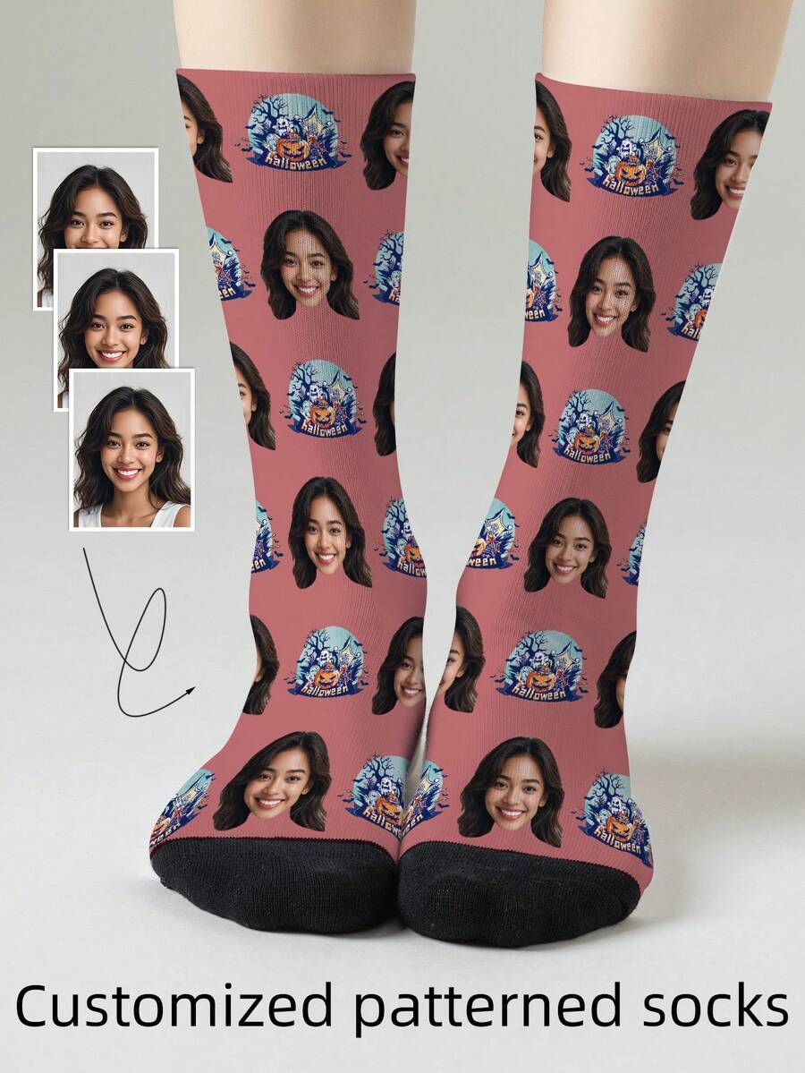 1 Par de Meias com Padrão de Rosto Personalizado, Meias com Foto Personalizada, Meias Impressas Personalizadas, Meias com Rosto Engraçado, Meias com Padrão Personalizado, Imprima Qualquer Padrão de Rosto em Meias, Presente de Aniversário, Presente do Dia dos Namorados, Presente de Aniversário Único, Colecionável Personalizado