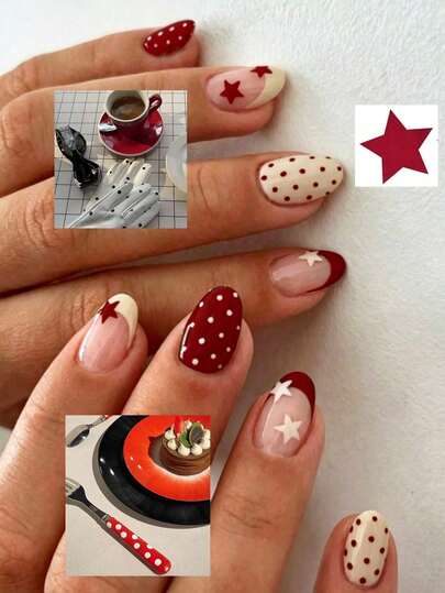 24pcs Short Oval Star Dot Nail Patches, French Acrylic Material, Perfect Fit, Set Includes: 1 Jelly Gel And 1 Nail File