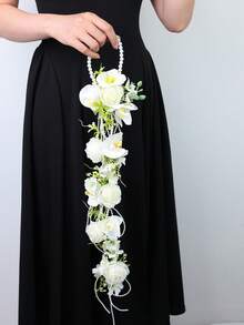 1pc Bohemian Style Extra Long Draping Handheld Bouquet With Flower, Pearl Chain And Tassel, Wedding Photography Prop - Multicolor - View 9