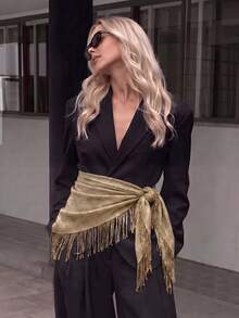 1pc Mesh Sequin Tassel Triangle Scarf, Full Rhinestone Sequin Women's Shawl, Multi-Functional Women's Scarf/Belt, Music Festival Photo Accessory - Gold - View 1
