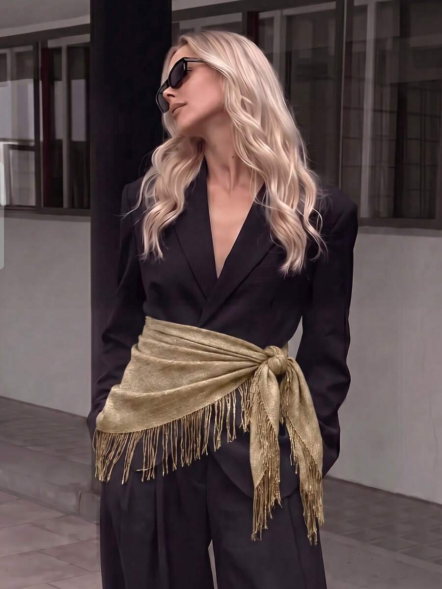 1pc Mesh Sequin Tassel Triangle Scarf, Full Rhinestone Sequin Women's Shawl, Multi-Functional Women's Scarf/Belt, Music Festival Photo Accessory - Gold - View 1
