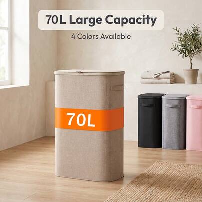 70L Large Capacity Fabric Laundry Hamper With Lid, Dust-Proof Laundry Basket For Home Bedroom Bathroom, Foldable Hand-Carry Clothes Storage Bin, 4 Colors Available