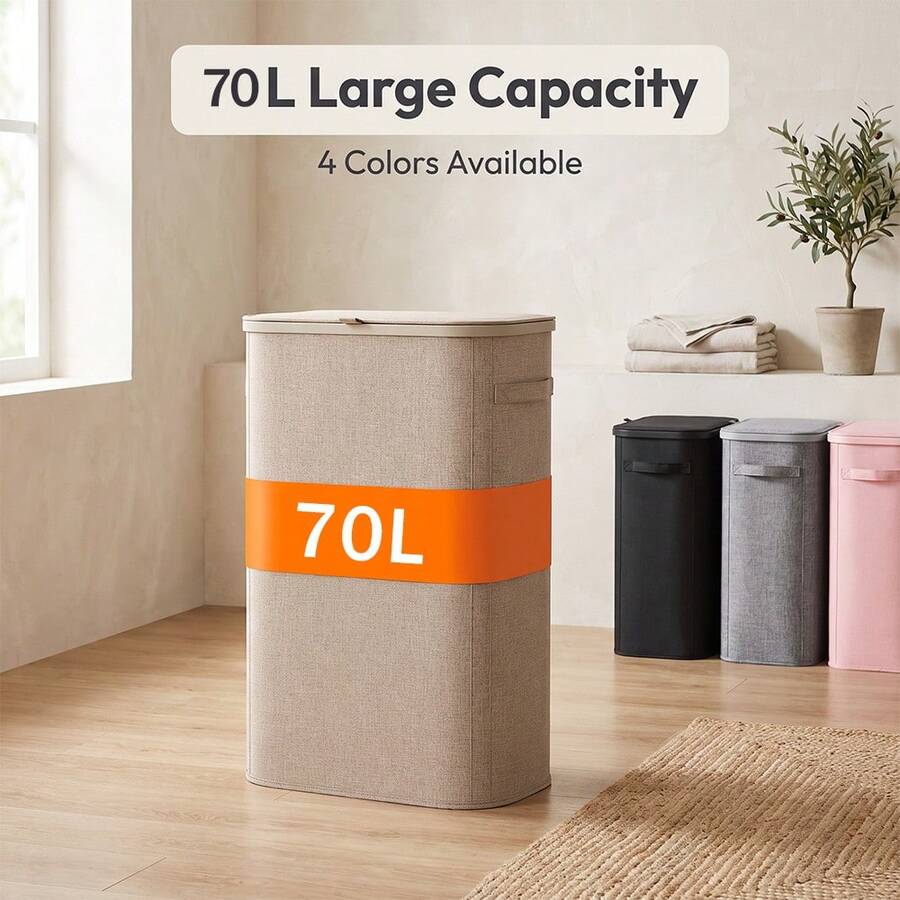70L Large Capacity Fabric Laundry Hamper With Lid, Dust-Proof Laundry Basket For Home Bedroom Bathroom, Foldable Hand-Carry Clothes Storage Bin, 4 Colors Available - View 1