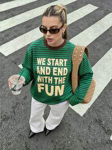 Women's New Arrival Bestselling Casual Striped Graphic Print Loose Pullover Sweatshirt - Green - View 3