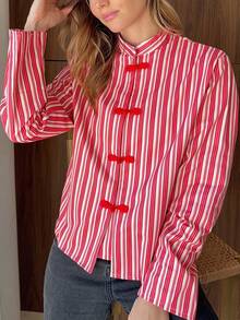 Women's Spring/Autumn Casual Striped Colorblock Random Print Long Sleeve Cardigan Shirt, Traditional Button Front Design, Suitable For Brunch And Outings - Multicolor - View 10