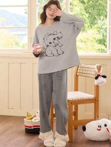 2pcs Women's Pajama Set, Pullover Round Neck Cute Animal Print Minimalist Long Sleeve Cropped Pants, Suitable For All Seasons - Grey - View 6