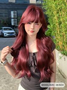alicegarden 28-Inch Long Synthetic Wig Featuring A Natural Wavy Style In A A Stunning Burgundy. Designed With Bangs , This False Hairpiece Is Perfect For Ms Daily Party Cosplay Use, Offering A Natural And Natural Durable Wig Gift For Ladies., Halloween - Burgundy - View 2