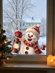 Christmas Static Clings Window Sticker, Cute Snowman Window Decal, Snowman Holding Rustic Lantern Window Decal, Double-Sided Visible, For Living Room Cafe Farmhouse Holiday Window Decoration, Christmas Window Decorations, Holiday Party Decor - Multicolor - View 1