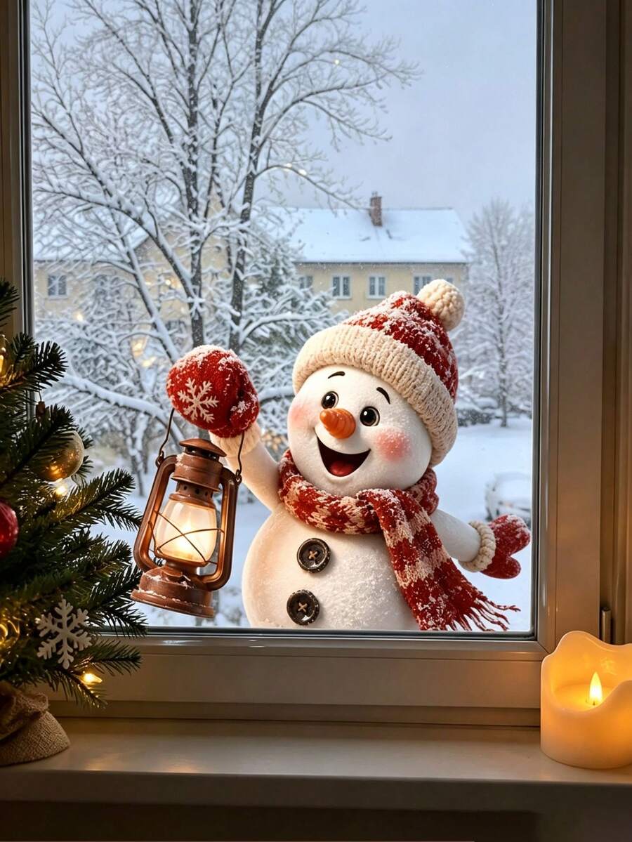 Christmas Static Clings Window Sticker, Cute Snowman Window Decal, Snowman Holding Rustic Lantern Window Decal, Double-Sided Visible, For Living Room Cafe Farmhouse Holiday Window Decoration, Christmas Window Decorations, Holiday Party Decor - Multicolor - View 1