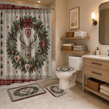 1pc/4pcs Christmas Reindeer Wreath Multi-Functional Bathroom Decor Shower Curtain Set, Free 12 Hooks, Premium Holiday Atmosphere, Bathroom Mat U-Shaped Floor Mat And Round Toilet Lid Cover, Suitable For All Christmas Scenes Decoration - Reindeer Wreath - View 4