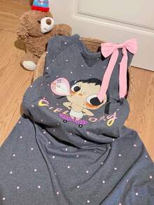 Bow Cold Shoulder Cartoon Cute Print Long Comfortable Soft Women's Nightgown - Dark Grey - View 6