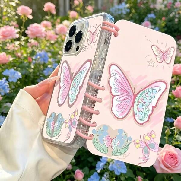 1pc Premium Pink Butterfly Lucky Flower Pattern, Fashionable Flip Notebook Style Protective Case, Minimalist Anti-Drop Anti-Slip Phone Case Suitable For 16/16Plus/16Pro/16ProMax/15/15Plus/15ProMax/14/14Plus/14Pro/14ProMax, 13/13Pro/13ProMax, 12/12Pro/12ProMax, 11/11Pro Max, 17/17pro/17promax/17airxr, Galaxy A04/A05/A13/A14/A15/A25/A33/A34/A35/A52/A53/A54/A55/A56/S23/S23 ULTRA/S24/S24ULTRA/S25 ULTRA