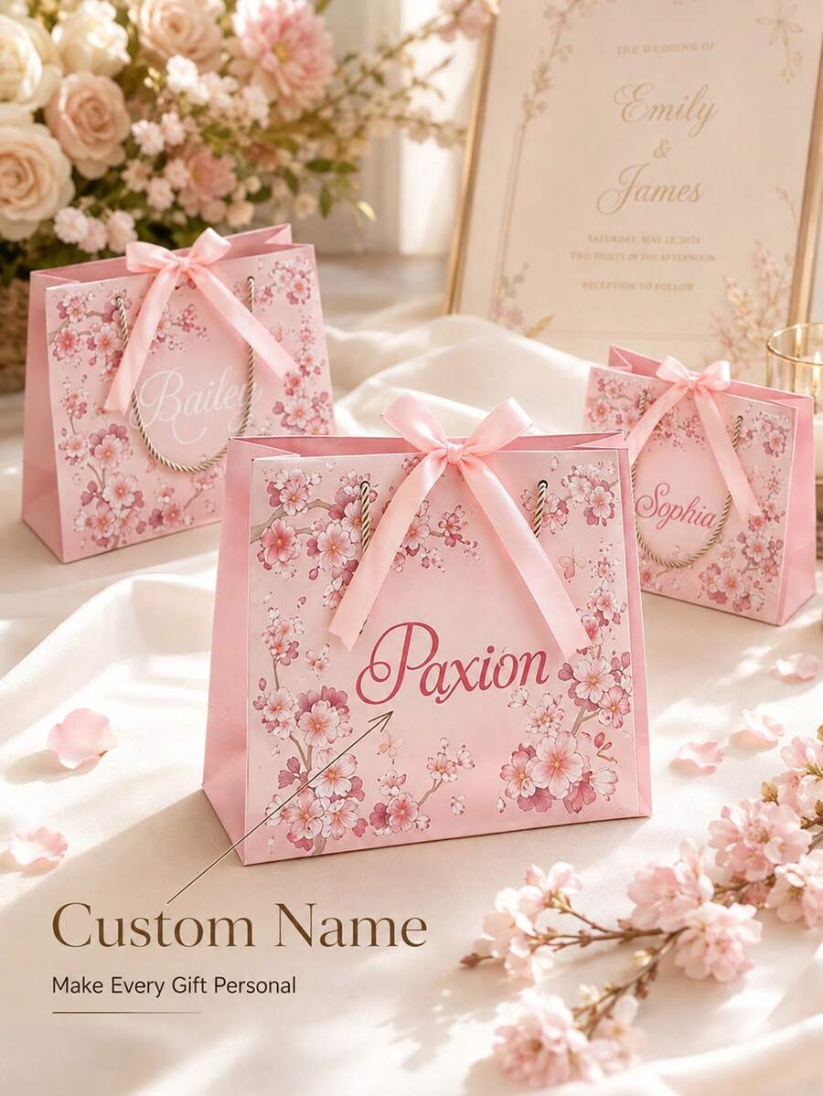 1 buah Tas Hadiah Personalisasi dengan Pita, Tas Hadiah Pengiring Pengantin dengan Nama Kustom, Tas Jinjing Lipat Ringan, Cocok untuk Acara Bridal Shower dan Souvenir Pesta - MultiWarna - View 1