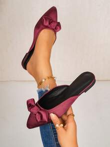 Spring Summer Autumn New Burgundy Satin Bow Mule Slippers Pointed Toe Closed Toe Flat Half-Slippers Commute Date Gentle Wear Office Party Banquet Women's Shoes - Burgundy - View 7