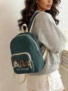 1 Piece Backpack, Women's Mini Backpack, Corduroy Girl School Bag, Travel Storage Bag, Puppy Printed Design, Large‑Capacity Foldable Easy‑To‑Store Bag, Lightweight & Pressure‑Relieving, Multi‑Pocket Layered Design With Zipper Closure - Cartoon Puppy 21175 - View 2