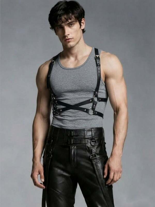 1PC Black PU Leather Full Body Harness For Men X-Cross Front Shoulder Straps O-Ring Waist Belt Adjustable Punk Halloween Party Costume