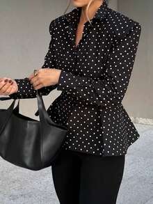 Unadoll Women's Autumn Black Polka Dot Ruffle Trim Blouse, Elegant Long Sleeve Slim Fit Shirt, Fashionable For Commuting, Office And Back To School - Black - View 9
