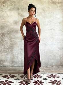Sexy Burgundy Fitted Maxi Dress With Exquisite Fringe And Chic Asymmetric Hem, Ideal For Prom Night Elegant Summer - Purple - View 3
