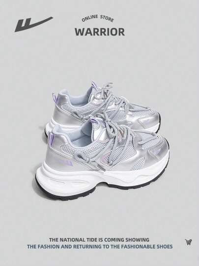 WARRIOR Women's Versatile Comfortable Sports Casual Shoes, Low-Top Thick Sole Lace-Up Chunky Sneakers, Running Travel Shoes, All-Season Wear, Silver