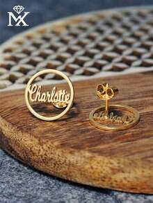 1 Pair Personalized Custom English Letter Unique Small Earrings, Creative Surprise Gift, Perfect Choice For Lovers, Friends And Family. Also Great Gift For Mother's Day, Valentine's Day, Birthday, Anniversary, Graduation And Christmas. - Yellow Gold - View 4