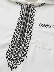 新款男士寬鬆連帽長袍，奢華刺繡長袖穆斯林服飾，中東 Juba Sobey 傳統男士長袍 - 白色 - 查看 6