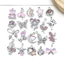 5/20pcs Silvery Plated Pink Rhinestone Charms Ballerina Fairy Butterfly Bear Moon Star Bow Shell Pendant For DIY Necklace Earring Jewelry Making - Pink - View 12