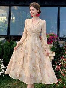 Elegant French Style Gold Foil Floral Print V-Neck Long Sleeve Ruffle Hem Wrap Midi Dress For Fall Wedding Guest & Evening Party - Multicolor - View 7