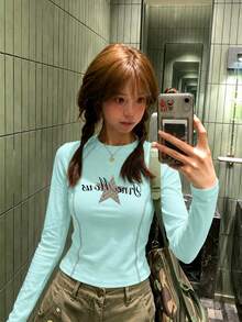 Autumn Slim Fit Round Neck Long Sleeve Women's T-Shirt, Niche Star & Letter Print Unique Mint Green Top - Mint Green - View 2