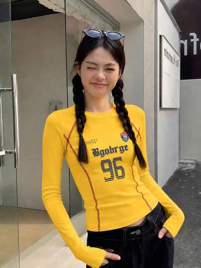 Women's American Sports Letter Print Round Neck Yellow Long Sleeve T-Shirt, Autumn Y2K Waist-Cinching Slimming Square Shoulder Cropped Top