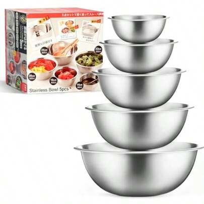 Set de 5 Bowls de Acero Inoxidable, Apilables y Aptos para Inducción