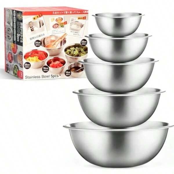 Set de 5 Bowls de Acero Inoxidable, Apilables y Aptos para Inducción