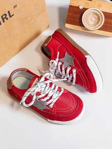 Kids Star Decor Canvas Lace-Up Soft Sole Anti-Slip School Casual Versatile Shoes - Red - View 3