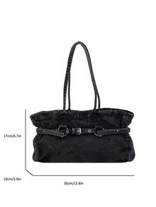 Fashionable Vintage Black Underarm Large Bag, Unique Buckle Design Women's Bag, Relaxed Street Style Shoulder Tote Bag, Suitable For University, Commuting, Shopping, Strolling, Daily Use. - Black - View 3
