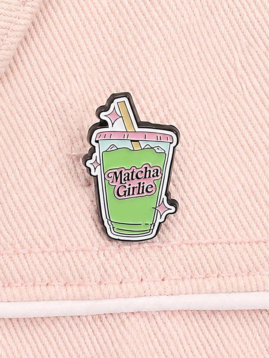 1pc Cute Cartoon Metal Oil Drip Matcha Drink Pattern Brooch For Women's Bags And Clothing Daily Decoration - Green - View 1