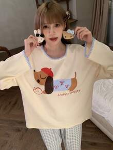 2pcs/Set Women's Pajamas Loungewear Set, Pullover Round Neck Cute Animal Print Minimalist Long Sleeve Cropped Pants, Comfortable For Home Wear - Yellow - View 7