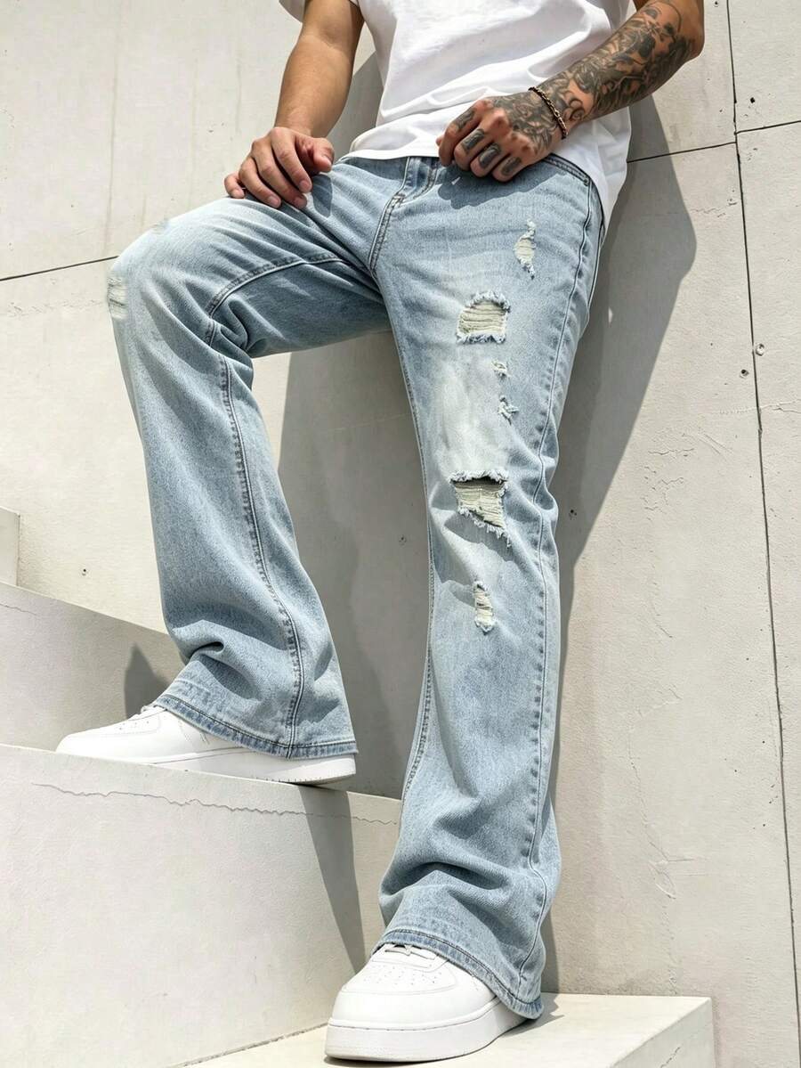 Men's Fashion Distressed Slightly Flared Washed Stretch Denim Jeans - Light Wash - View 1