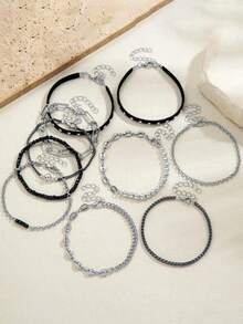 10pcs Punk Dark Style Multi-Layer Bracelet Set, Mixed Silver Metal Chains, Black And Silver Contrast Cool Look, Suitable For Streetwear - Black - View 3