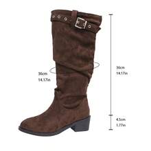 Botas altas hasta la rodilla de mujer con punta puntiaguda y fruncidas, estilo europeo y americano, material de ante con decoración de hebilla, zapatos de tacón alto ajustados, combinación perfecta para sudaderas con capucha, moda sexy para otoño/invierno - Café integral - Ver 8