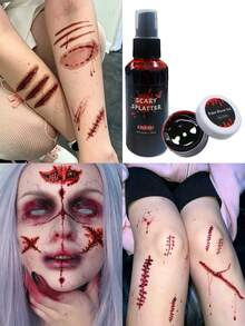 Halloween Makeup Prank Party Blood Paste Tattoo Ink Fake Scar Making Non-Drip Fake Blood + Halloween Red Scar Stitching Blood Hole Pattern Tattoo Sticker Set - Red - View 2