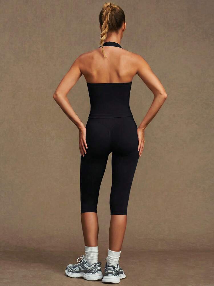 VVX Women's 2 Pieces Workout Set Capri Yoga Legging High Waist Tummy Control Halter Neck Backless Sports Tank Top Slim Gym Suit - Black - View 3
