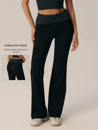 Women's High Waist Polka Dot Belt Slim Fit Flare Leggings, Elastic Soft Tummy Control, Casual Yoga Flare Pants, Daily Fitness Home Wear