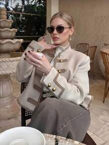 Imperial Style Short Jacket, Stand Collar Contrast Color Button Versatile Outerwear - Camel - View 8